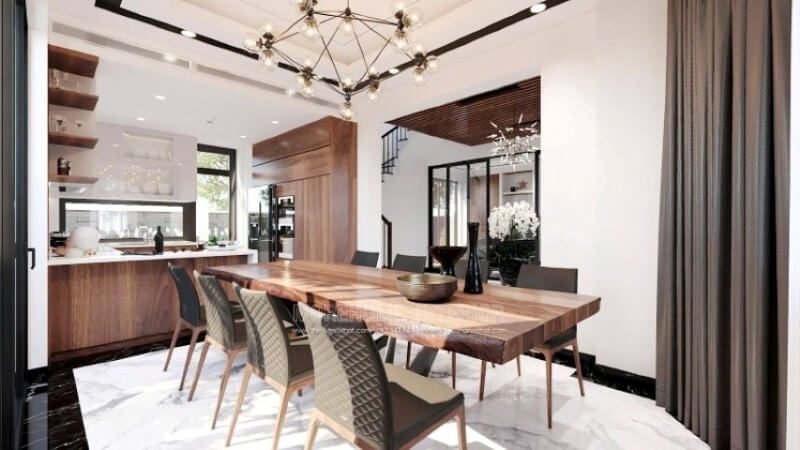 Sẽ là một gợi ý độc đáo với sự hiện hữu tủ bếp gỗ óc chó veneer nâu trầm kết hợp gam màu trắng sáng, long lanh từ tủ bếp trên gỗ An Cường acrylic và mặt bàn bếp đá nhân tạo gốc thạch anh. Sự tương phản giữa 2 sắc màu sẽ là ý tưởng tuyệt vời cho bố trí nội thất phòng bếp hiện đại cho không gian nhà phố, biệt thự.