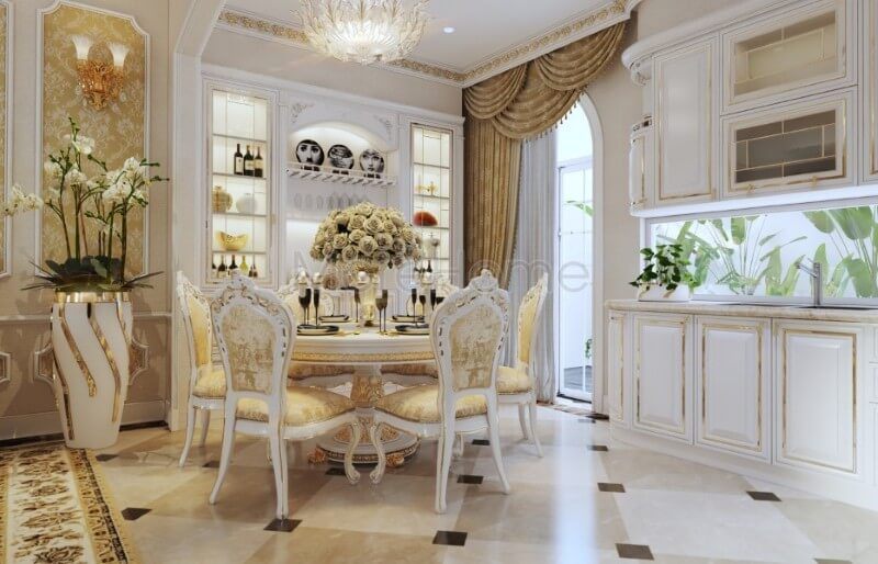 Thiết kế bàn ăn chung cư tân cổ điển, từng chi tiết chạm khắc mềm mại, nhẹ nhàng tạo nên sự sang trọng và tinh tế hơn cho không gian sống của gia chủ