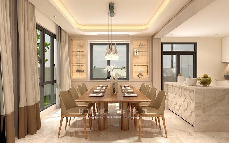 Ấn tượng với bộ bàn ăn đẹp gỗ sồi với những đường vân tinh tế, đường nét đơn giản cuốn hút tạo điểm nhấn nổi bật cho căn phòng
